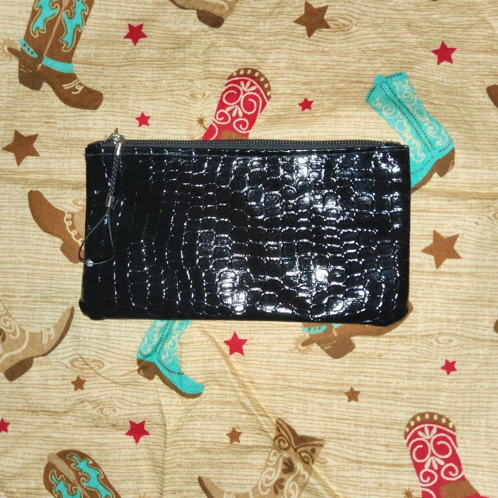 Women's Vtg Black Crocodile-Embossed Cosmetic Bag